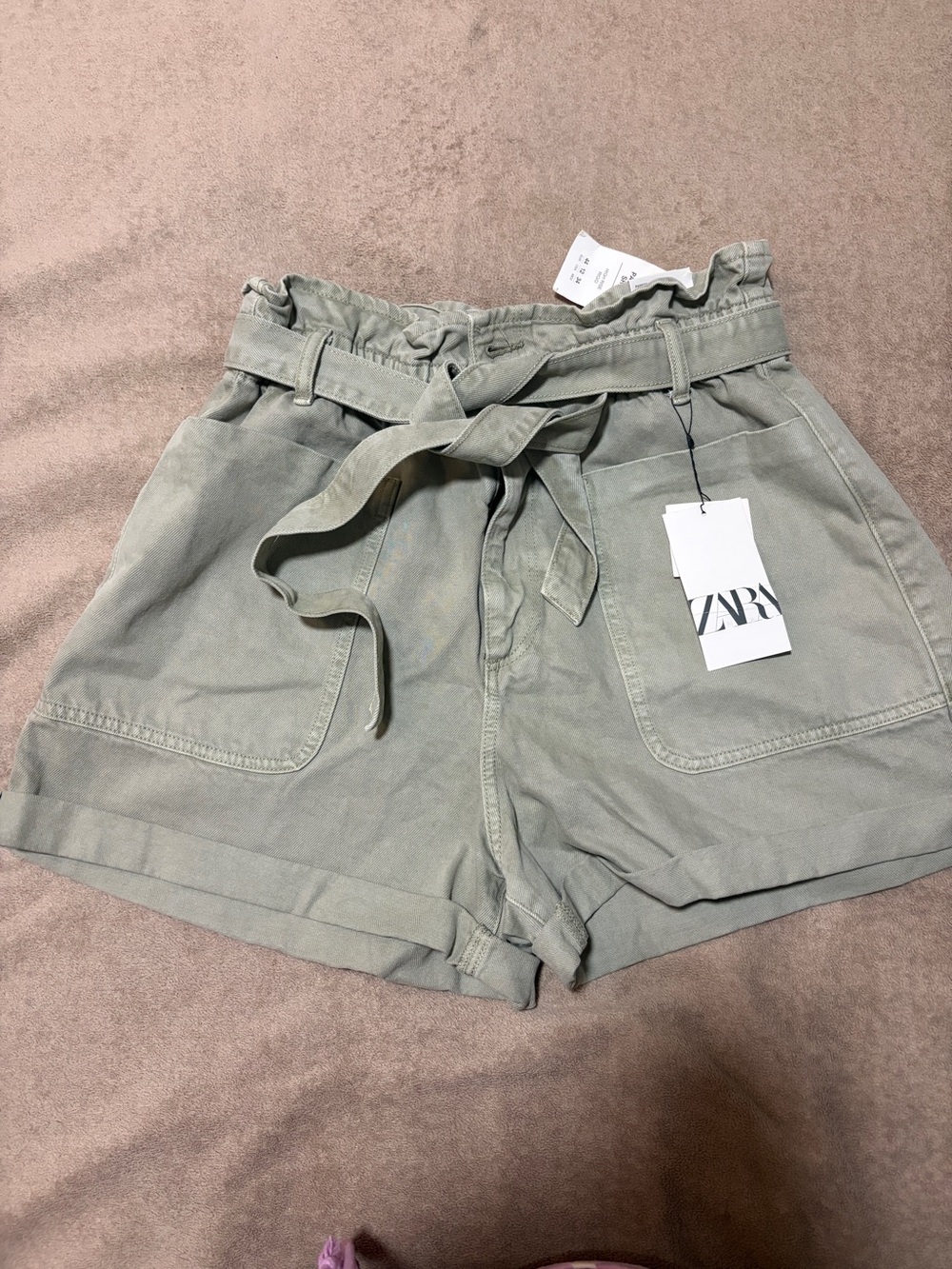 ZARA Sage Green High-Waist Paperbag Shorts with Tie